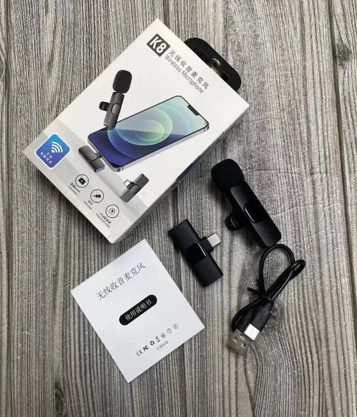 Wireless collar clip lavalier microphone for outdoor video recording with multiple interface connection options