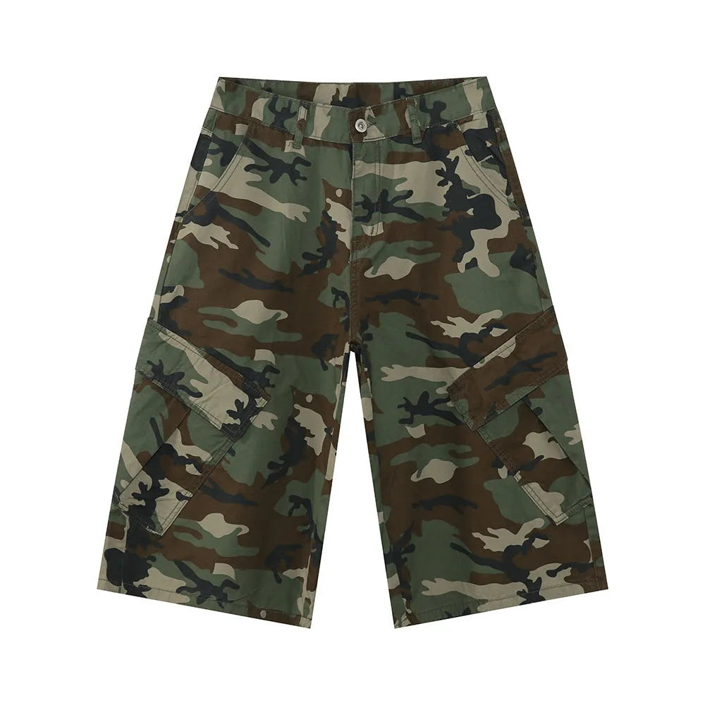 Men's cotton camouflage wide-leg jeans with side stitching and large pockets