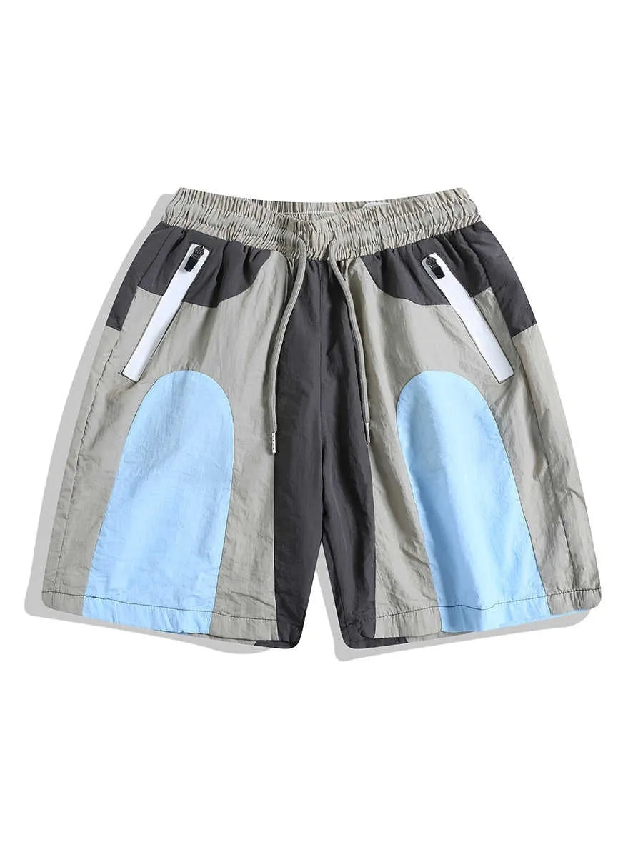 Blue patchwork quick-drying outdoor sports shorts with loose cut and straight-leg design