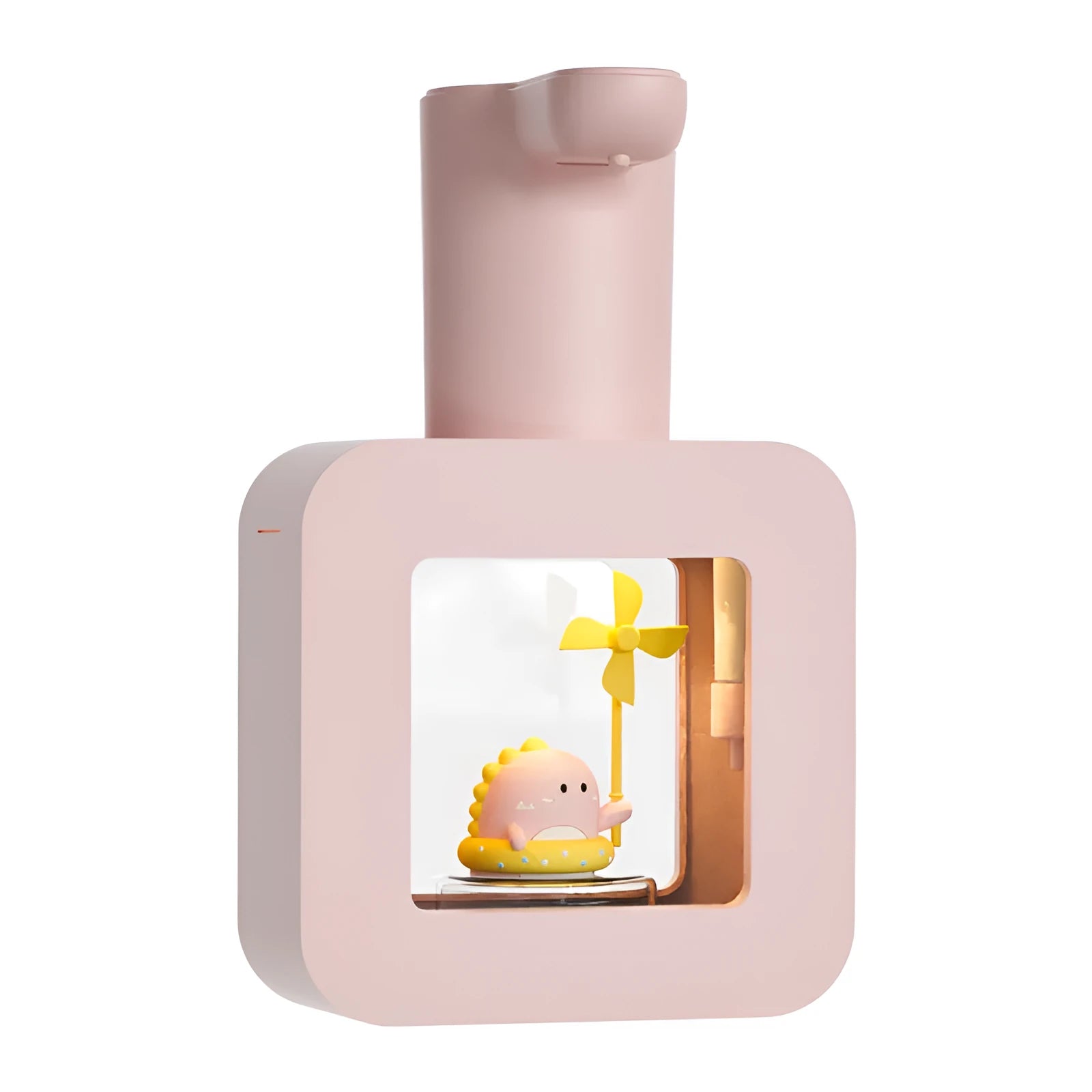 Pink automatic touchless soap dispenser with unicorn cartoon design for children's bathrooms