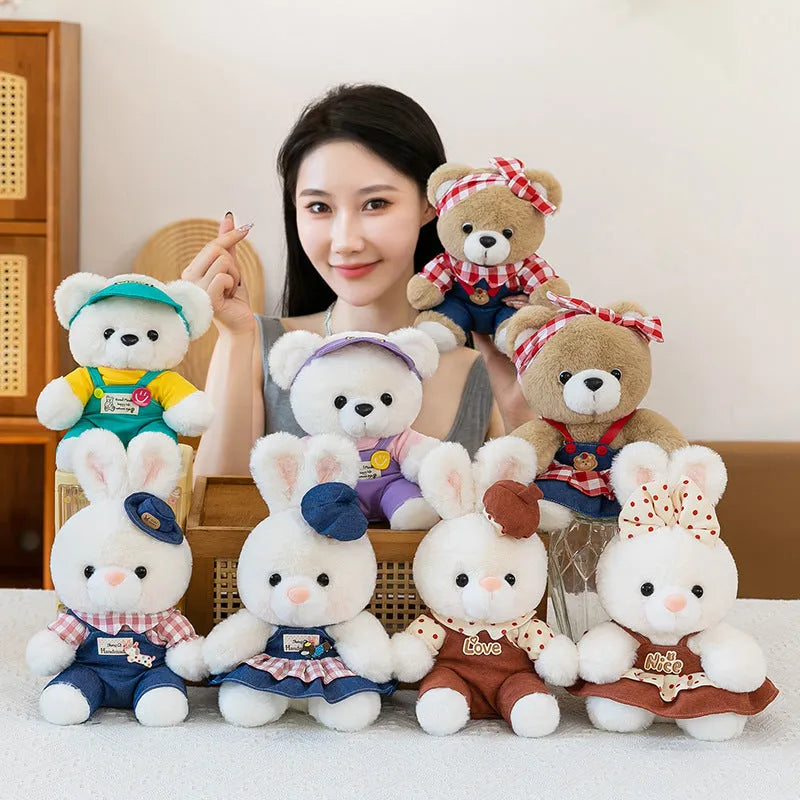 23cm rabbit plush toy with PP cotton filling and plaid women bear colour option, lightweight 0.14kg soft toy