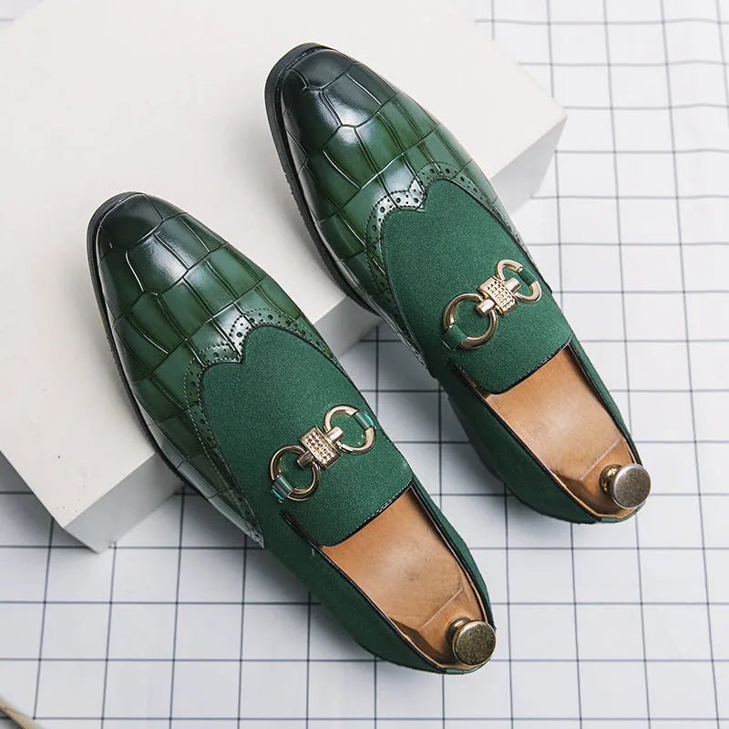 Korean style men's pointed toe leather shoes in black and green colours with rubber soles