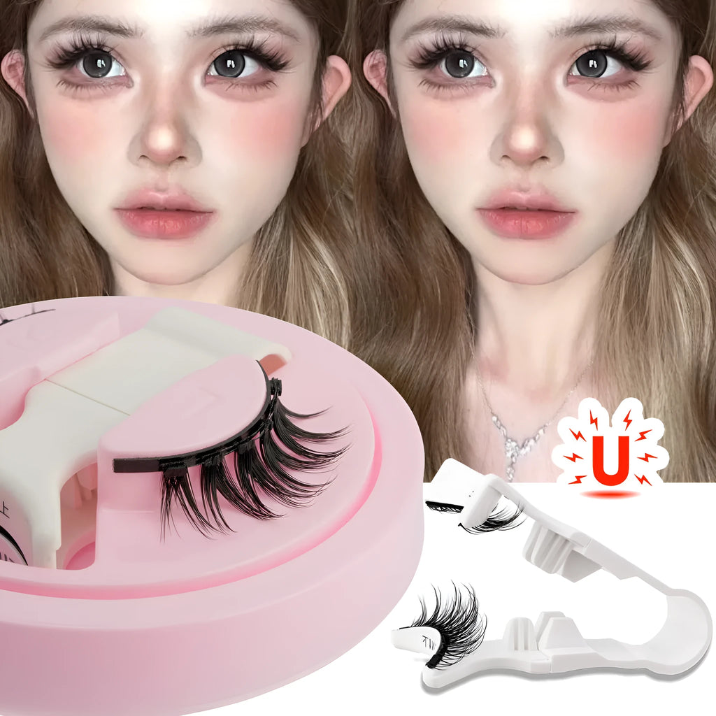 Set of reusable waterproof false eyelashes with thick artificial fibre strands and a flexible glue-free band.