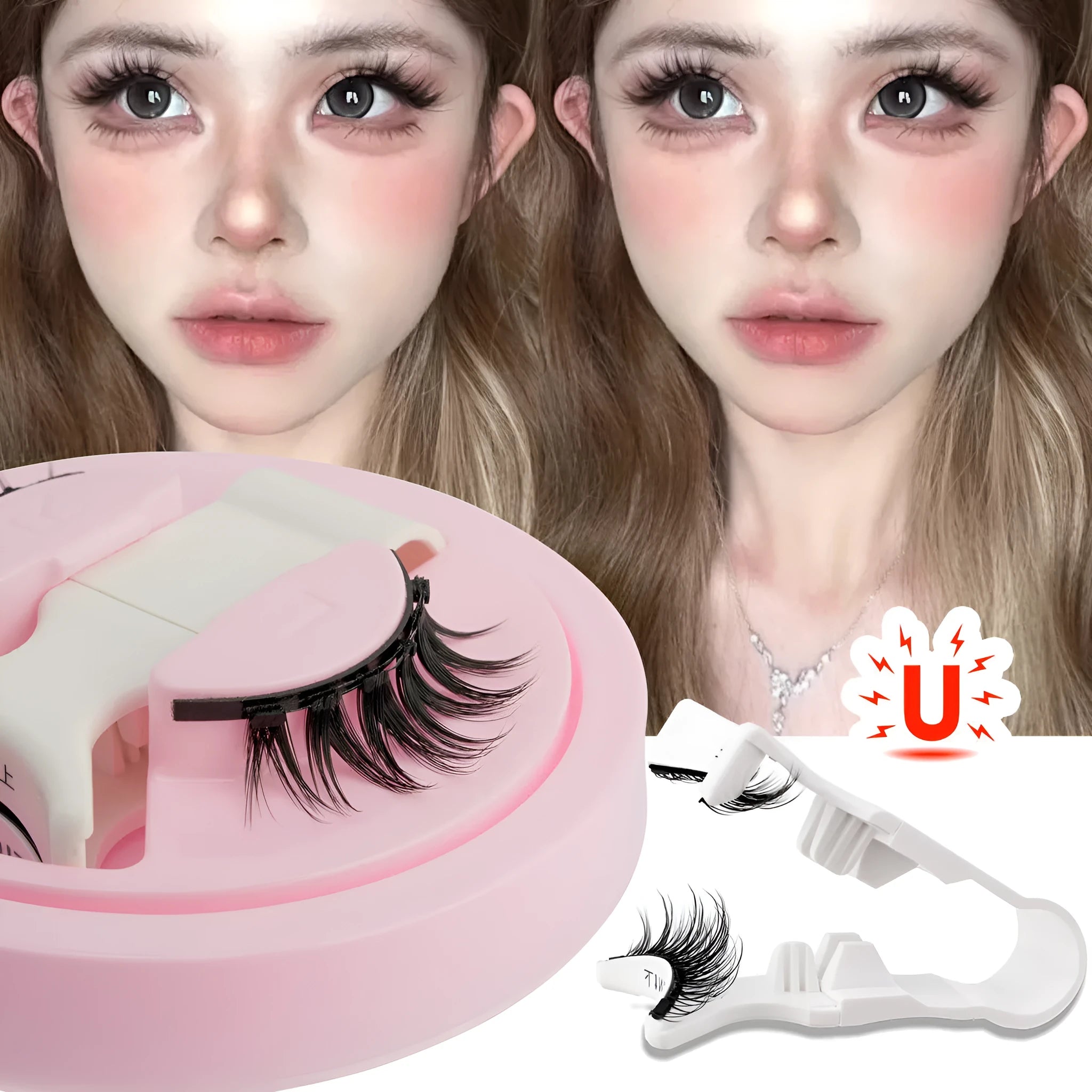 Set of reusable waterproof false eyelashes with thick artificial fibre strands and a flexible glue-free band.