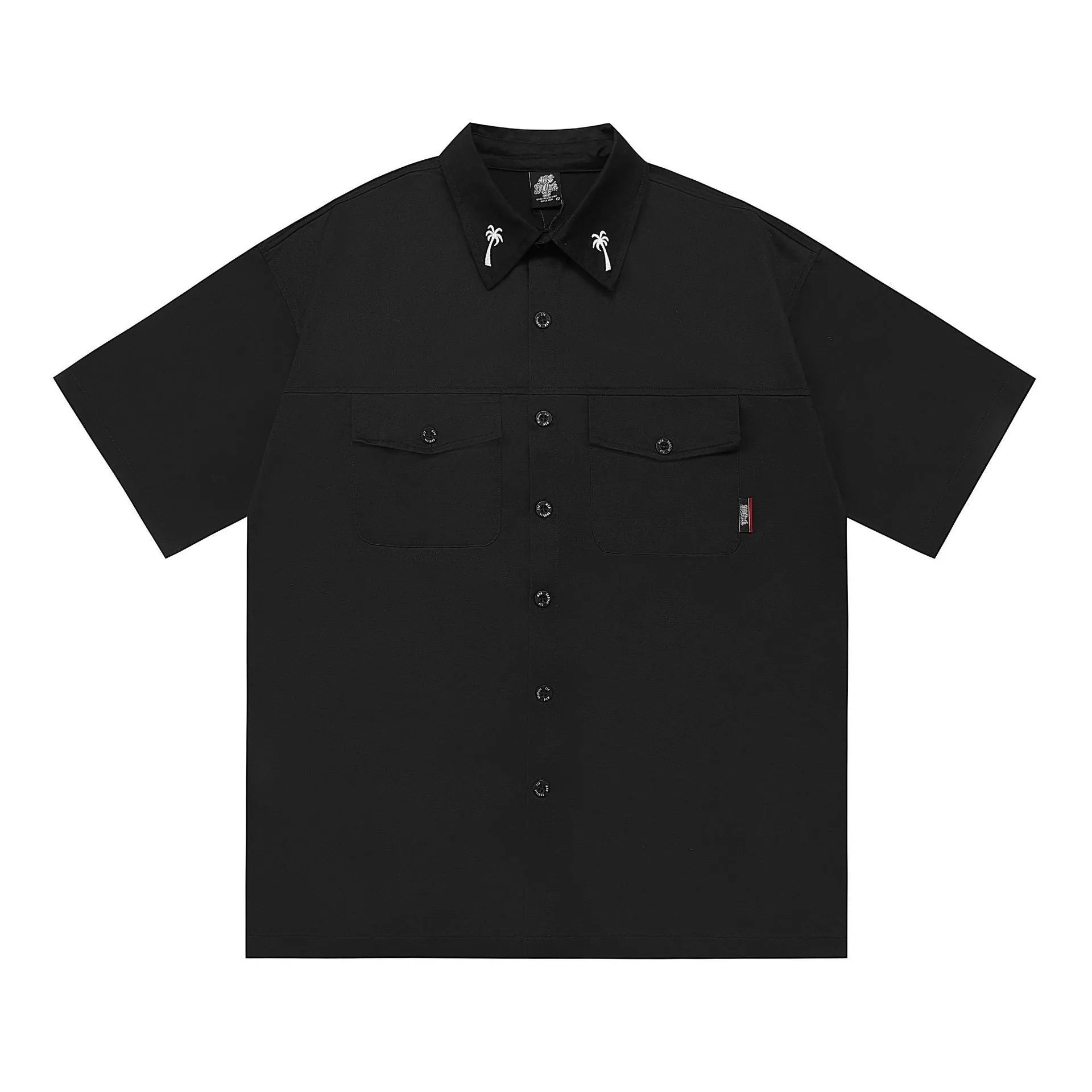 Men's black cotton blend shirt with embroidery, loose fit with half sleeves
