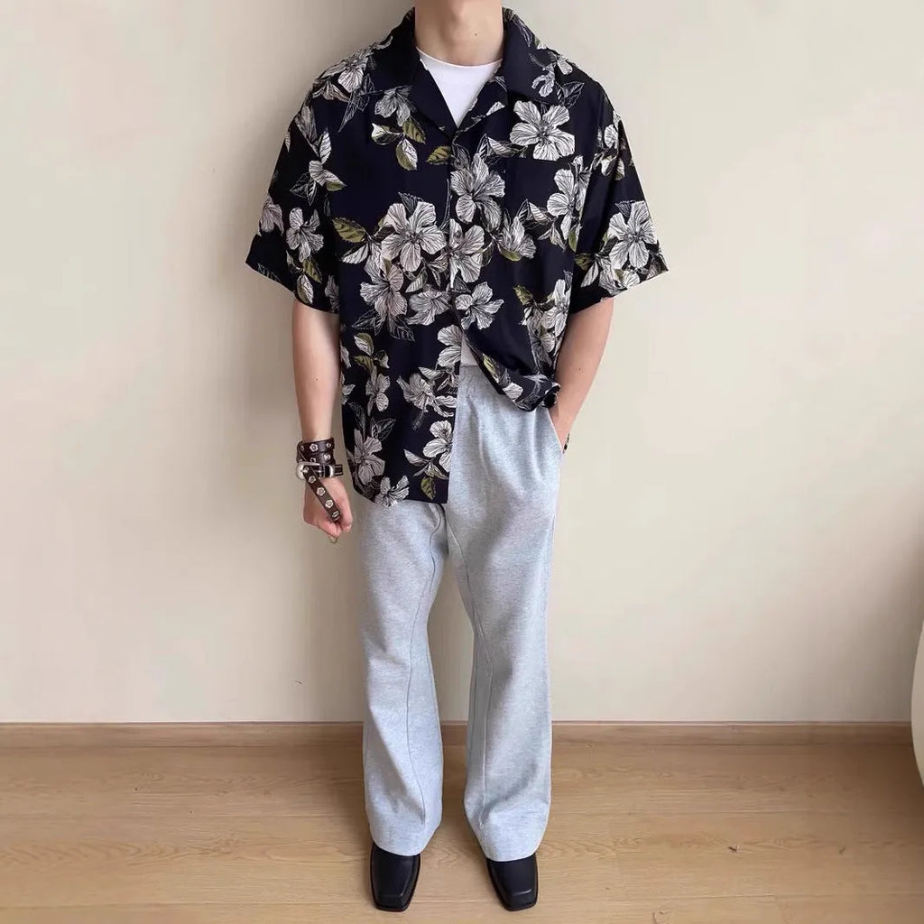 Black men's vintage Cuban collar short sleeve shirt with floral print and loose fit