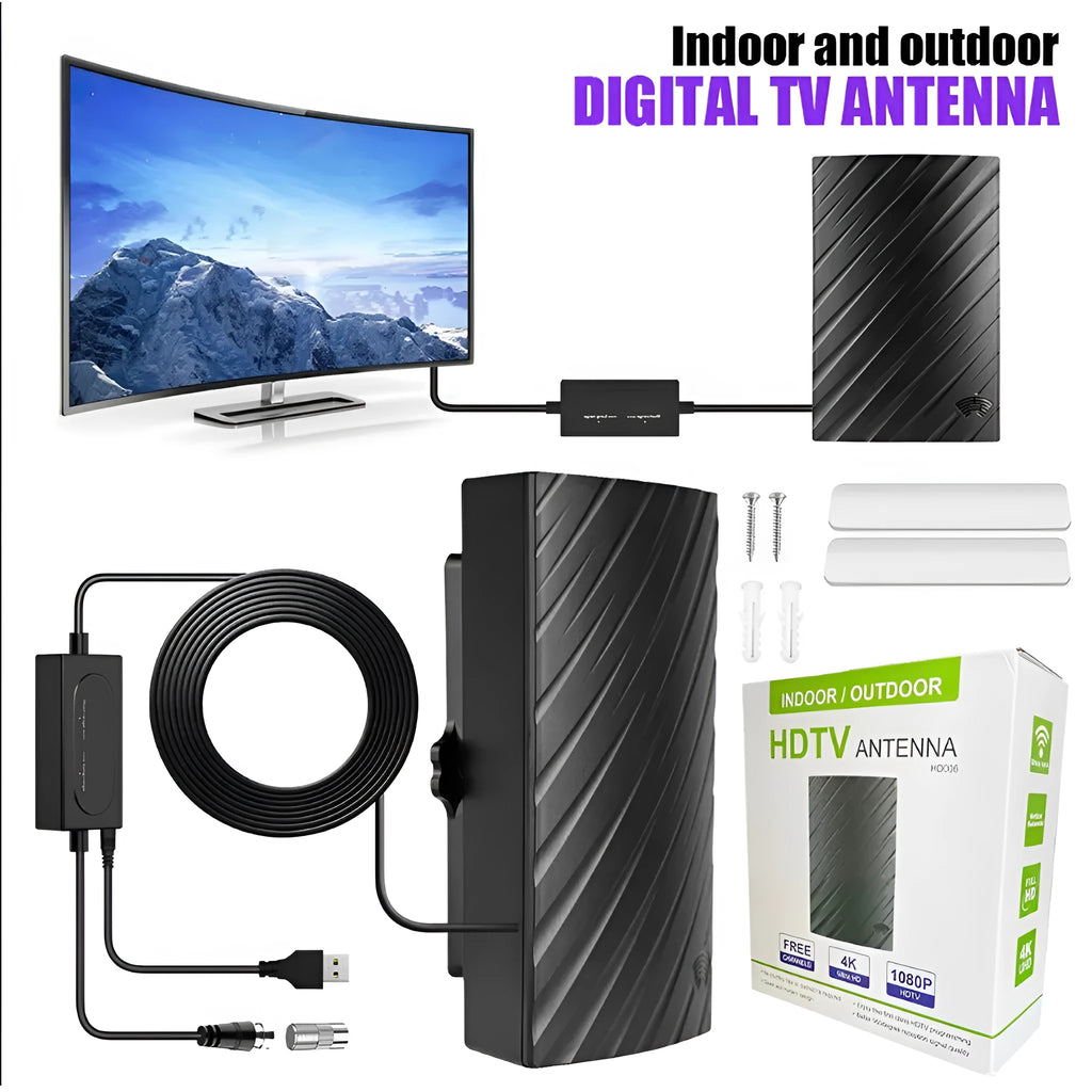 Black plastic digital television antenna with HD mode selector on a flat surface