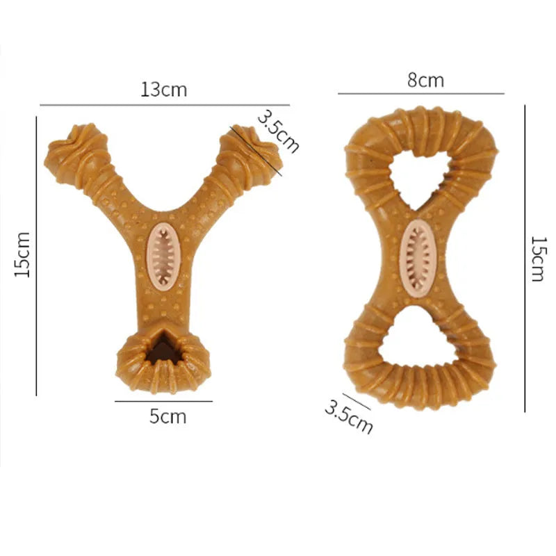 Durable nylon dog chew bone for teeth cleaning, shown in 8-shape and Y-shape options.