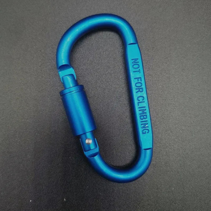 D-type aluminium locking climbing carabiner with screwgate, shown in a bright colour on a grey background.