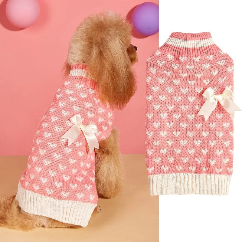 Red love heart and pink bow design dog jumper for small breed indoor wear