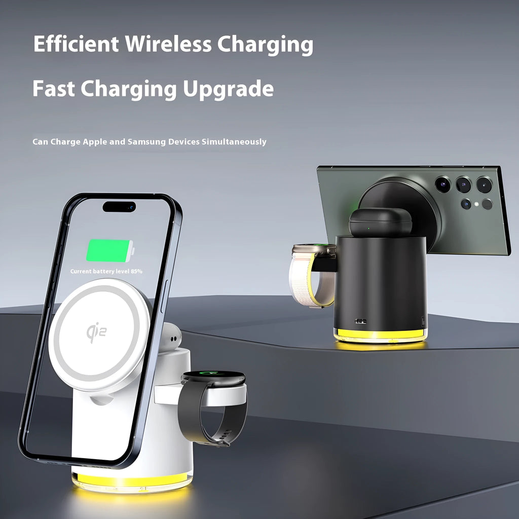C16 magnetic folding three-in-one wireless charger showing black and ivory white colour options