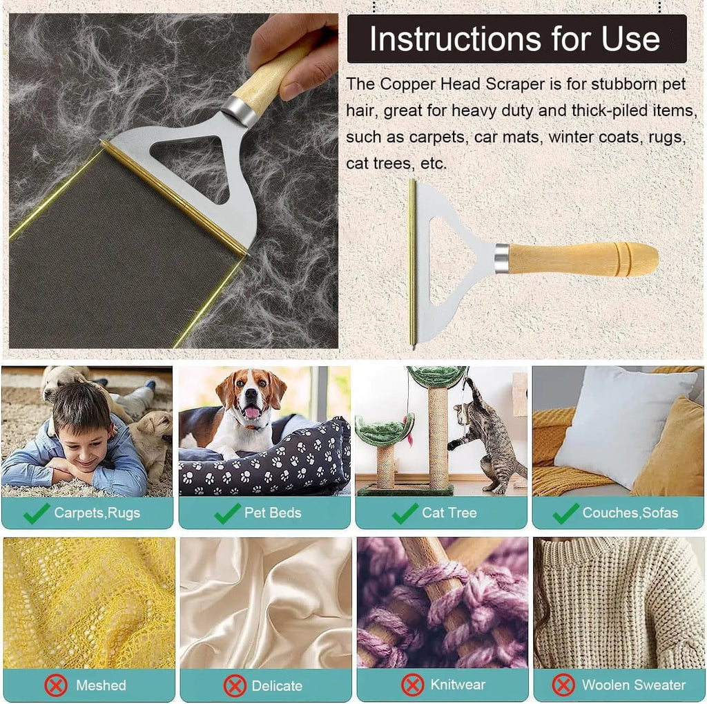 Three-piece pet hair remover set with metal tool, silicone brush, and round scraper on a beige fabric.