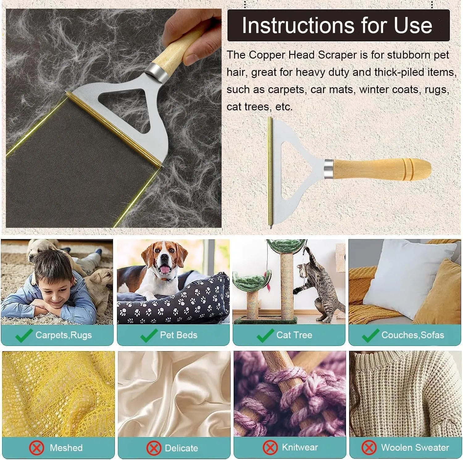 Three-piece pet hair remover set with metal tool, silicone brush, and round scraper on a beige fabric.