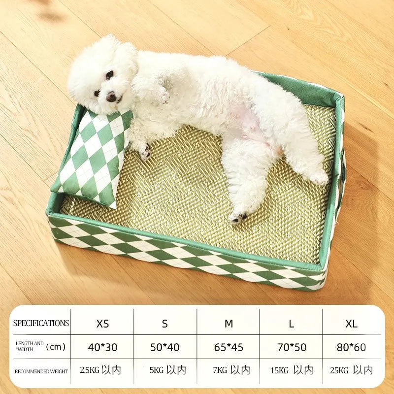 Natural rattan cat litter mat with anti-slip base, shown in blue, serving as a pet bed