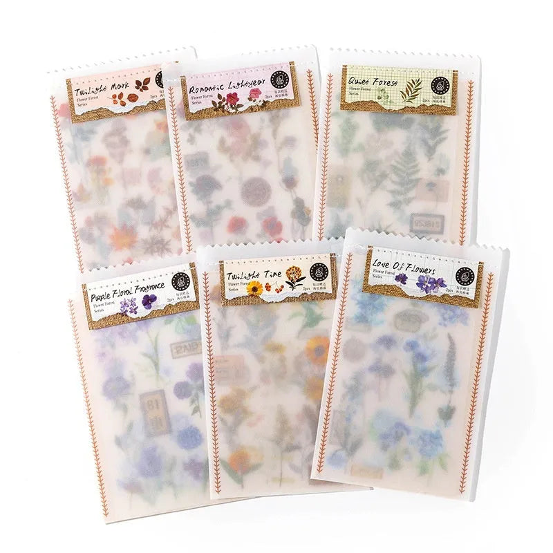 Huazhisen forest art label stickers showing six colour designs on 85x180mm transfer paper and cotton linen sheets