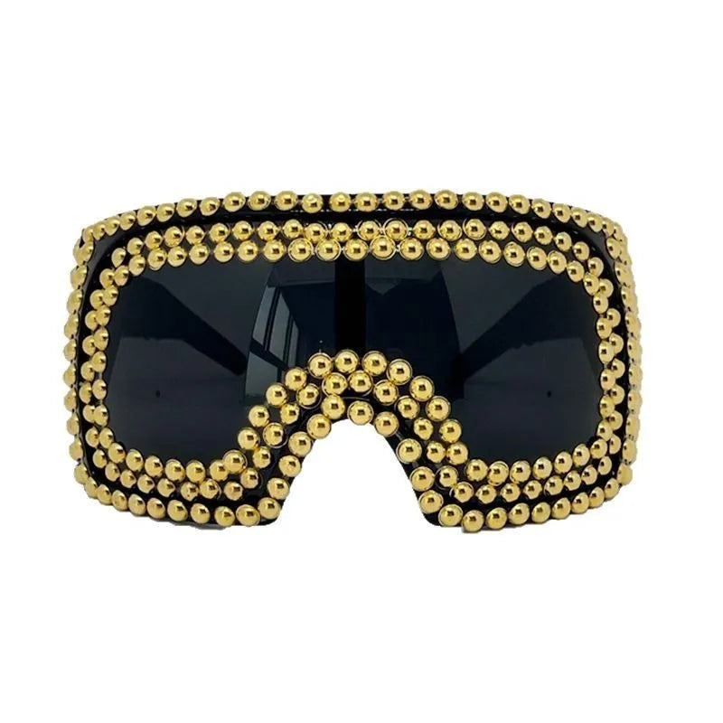 Men's punk sunglasses with large square frame and metal rivet detailing in silver colour