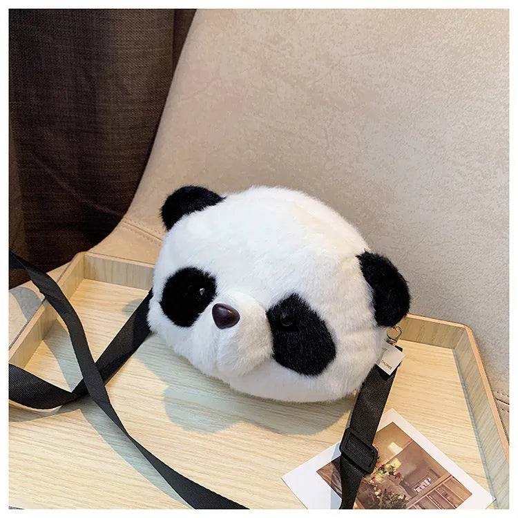 Plush panda head cylindrical crossbody shoulder bag with polyester lining