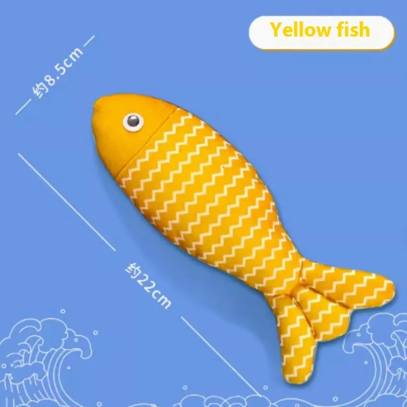 Red, yellow, and blue catnip-filled fish toys in large and medium sizes on a white background.