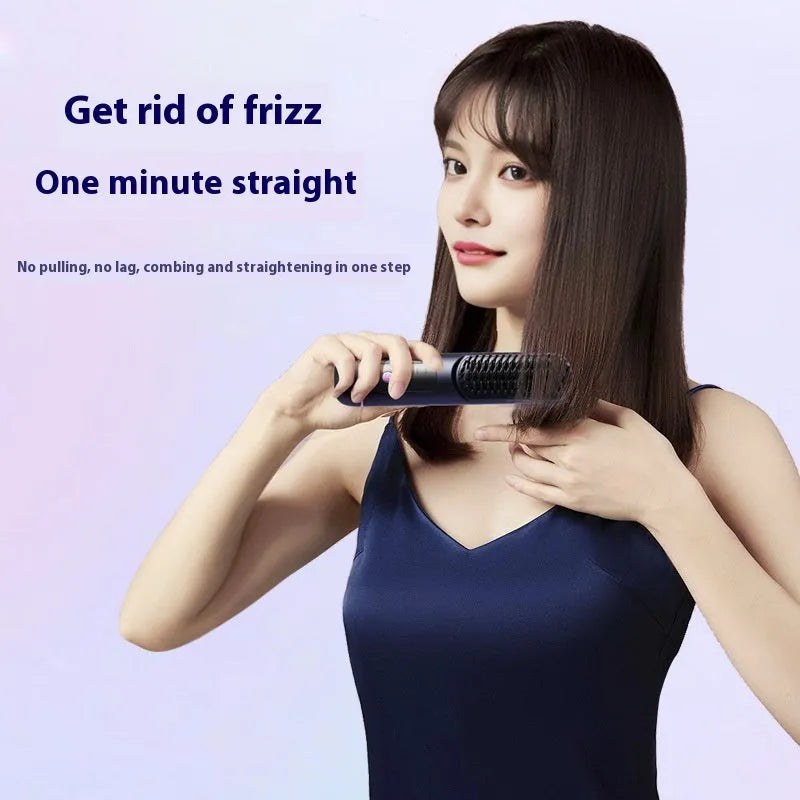 A portable negative ion straightening comb in blue, grey, or white, showing its teeth and compact 20cm design.