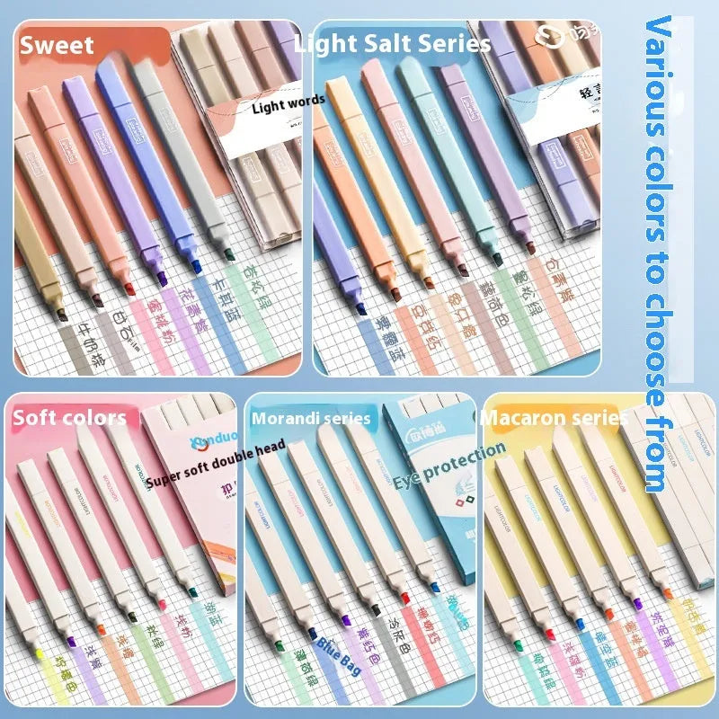 Set of double-headed fluorescent marking pens with refillable cartridges, showing chisel and bullet tips, in a mix of bright colours.