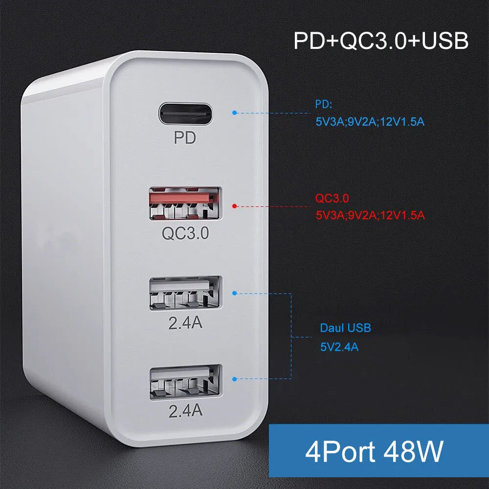 White fast charging mobile phone charger head with multiple USB ports and international plug adaptors