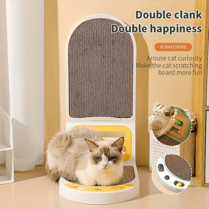 Grey L-shaped cat scratching board with vertical corrugated cardboard panel and sisal rope base.