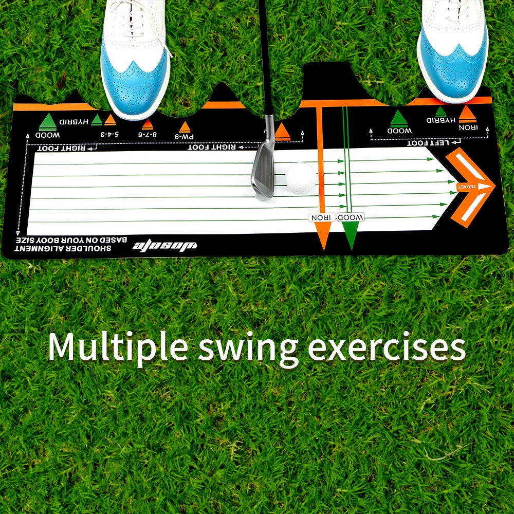 Black neoprene golf swing posture training pad with alignment markings for stance correction.