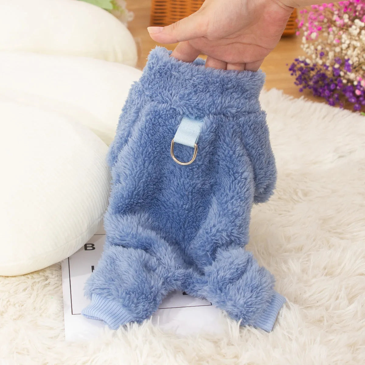 Four-legged thick plush dog clothes with high collar and towing ring in blue colour