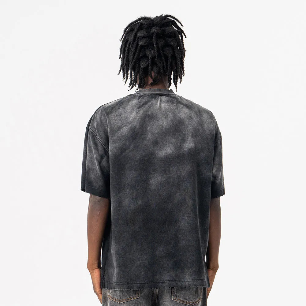 Men's black loose fit cotton t-shirt with drop shoulder sleeves and letter pattern printing