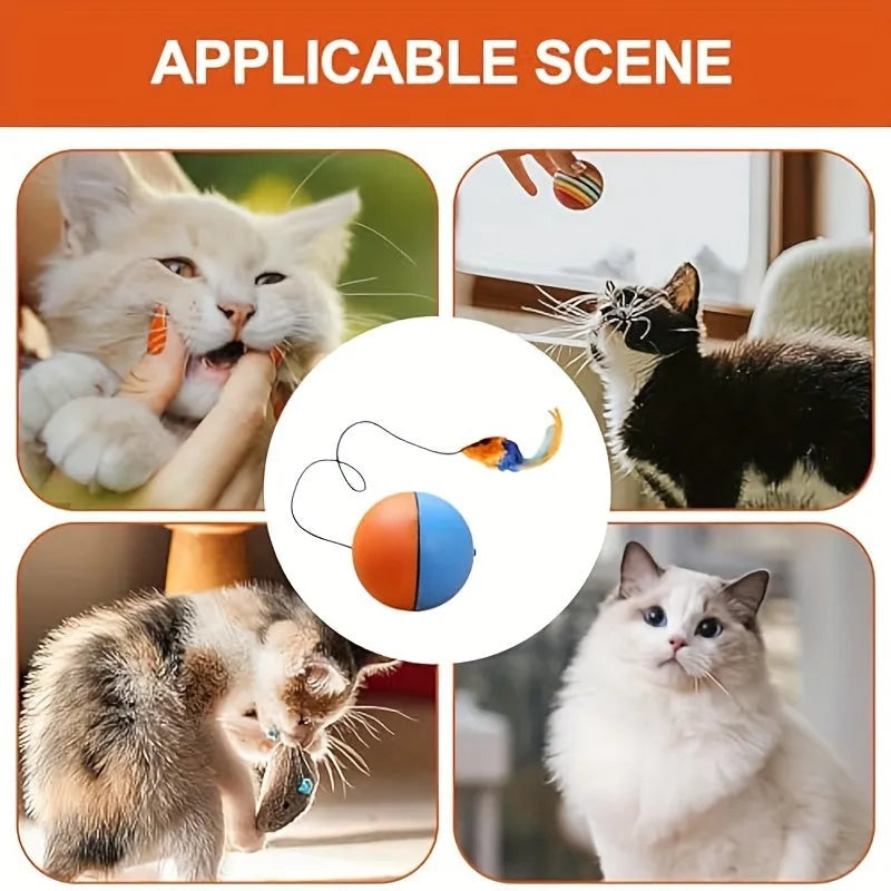 Blue and orange interactive plush mouse cat toy shown with a ball shape, measuring 8.5 cm.