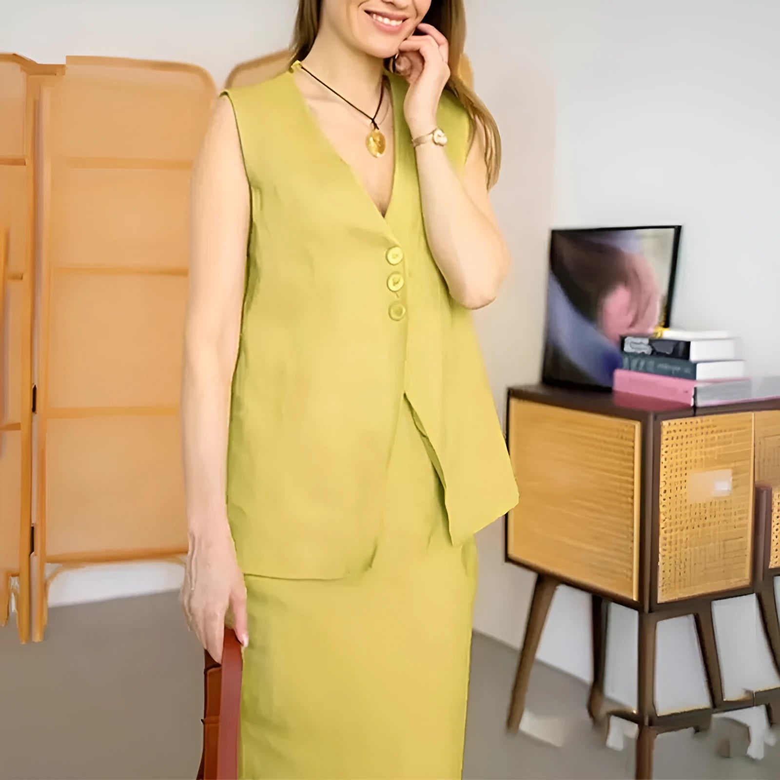 White sleeveless vest and long maxi skirt two-piece casual suit on a hanger.