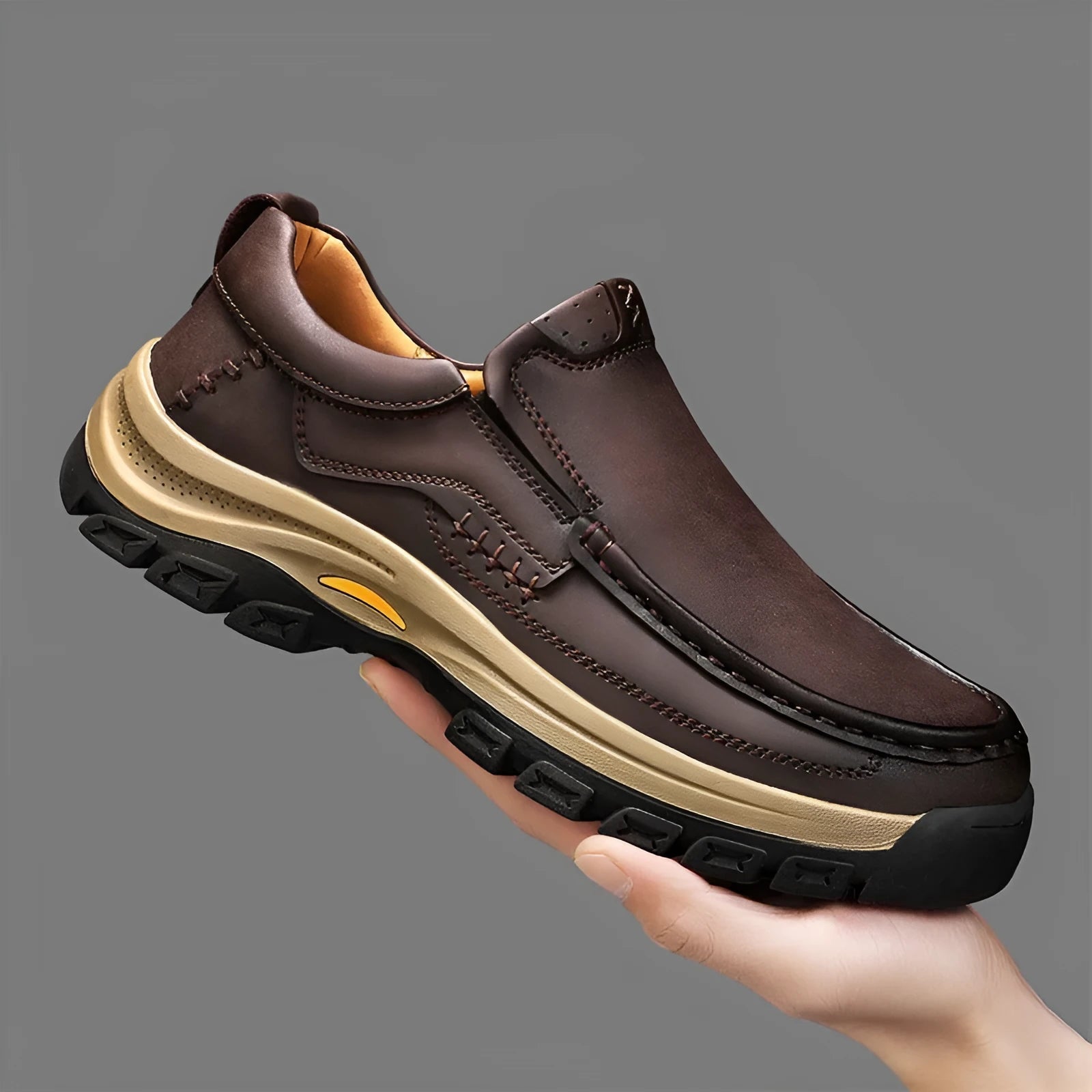 Men's black leather outdoor shoes with thick rubber sole and round toe