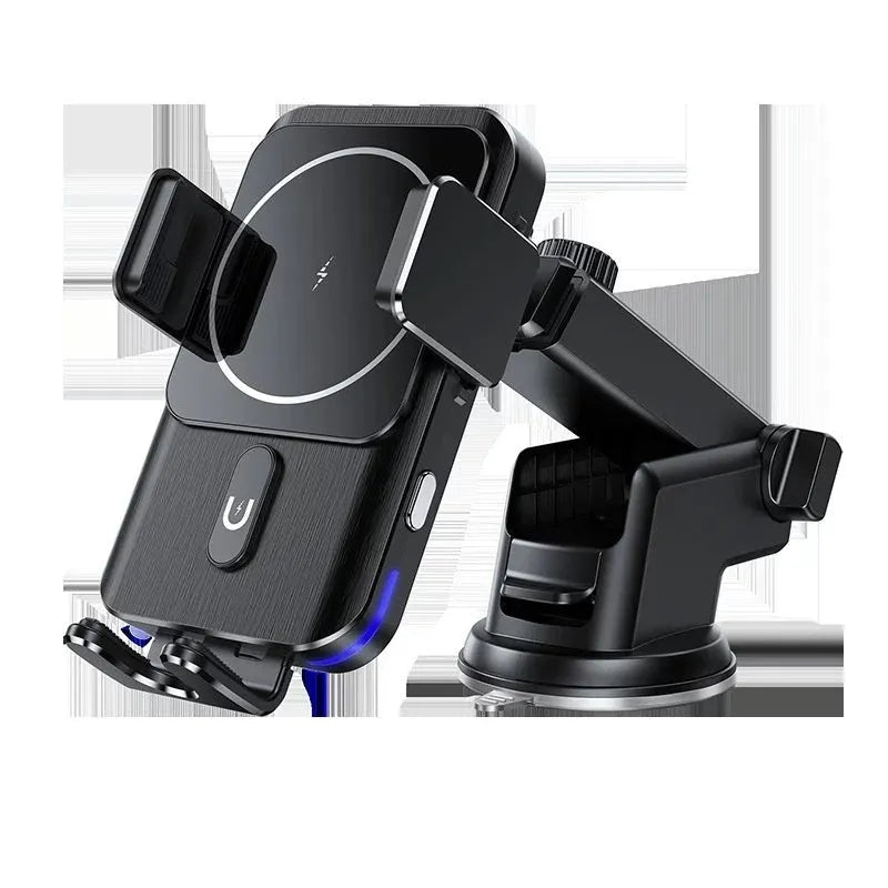 Black car wireless phone charger holder with 15W fast charging, shown with suction cup and clip mounting options.
