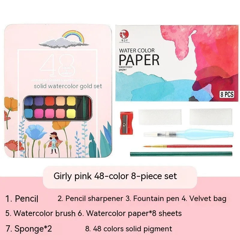Solid watercolour paint set with 48 colours in a box for gouache painting and sketching