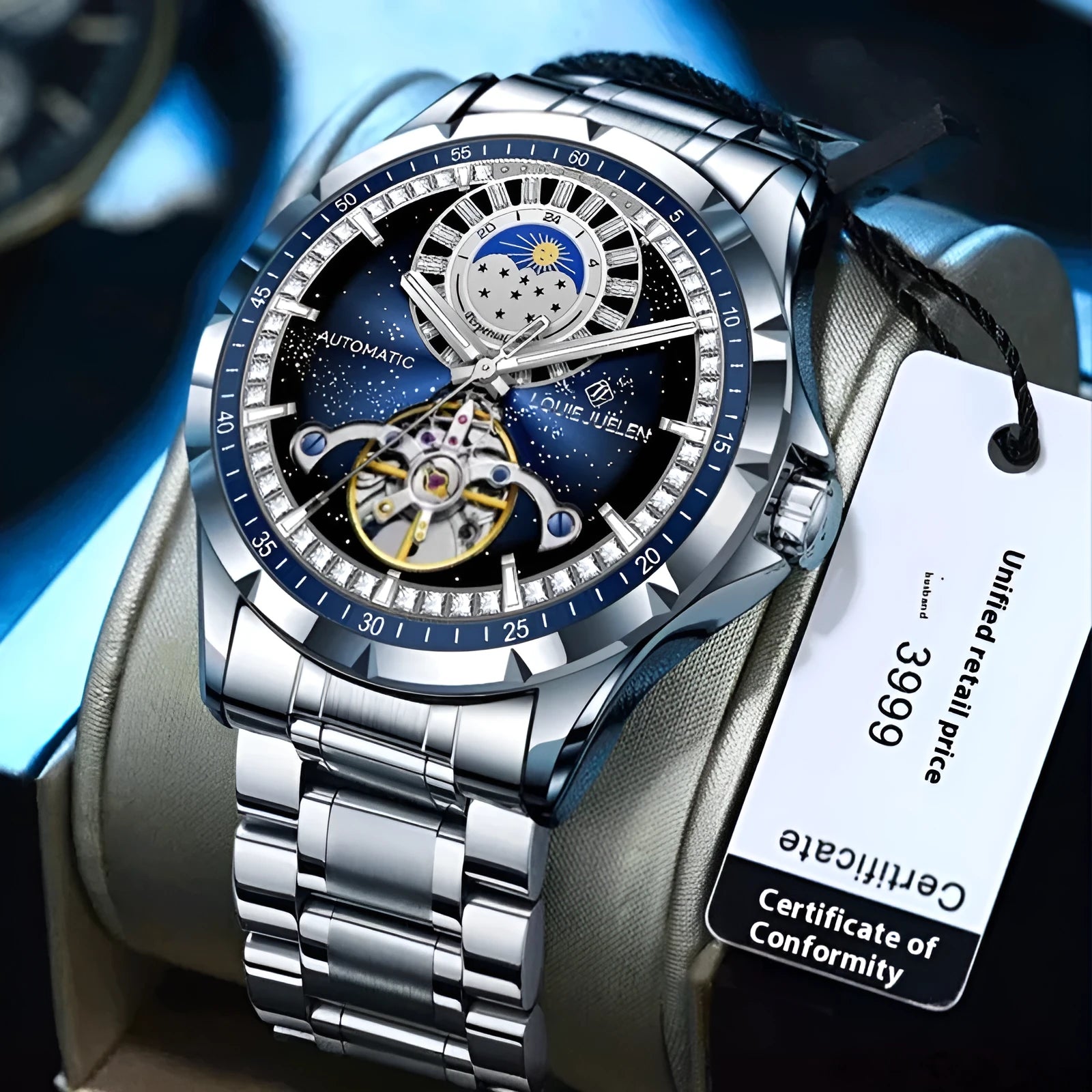 Men's silver and blue waterproof automatic mechanical watch with stainless steel strap