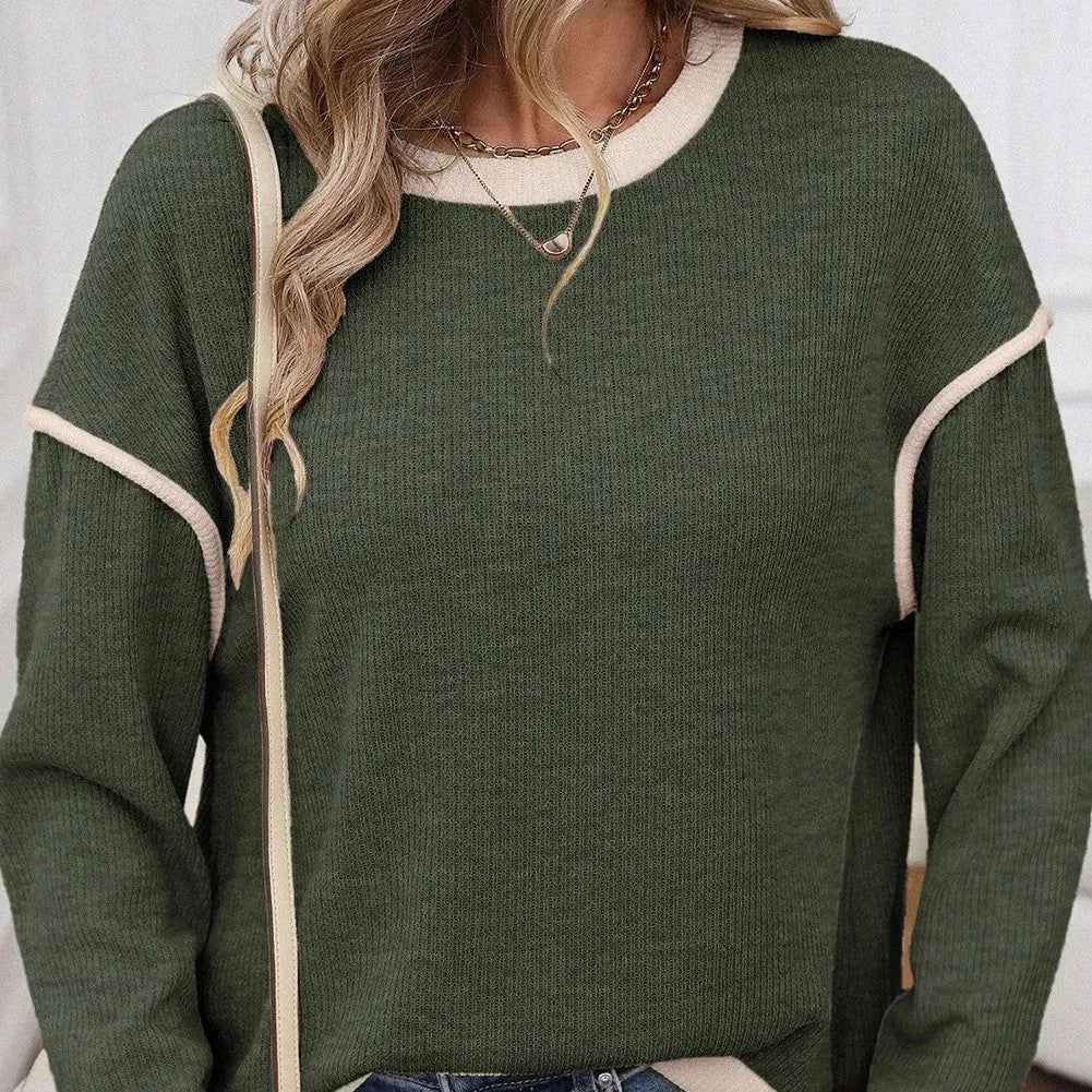 Drop shoulder loose top with four leaf clover contrast trim in polyester elastane fabric