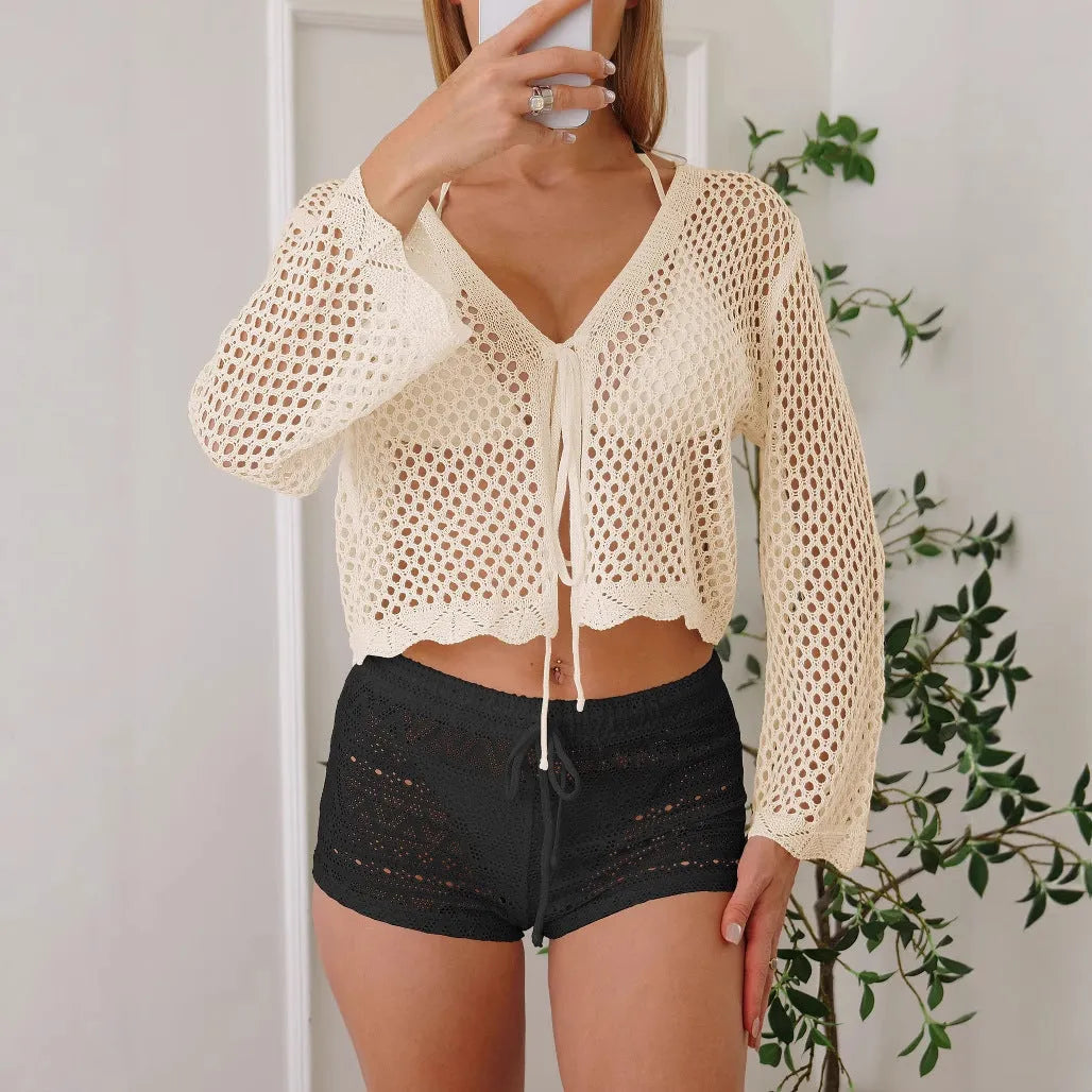 Women's hollow woven cardigan blouse with nine-quarter bell sleeves in imitation cotton fabric