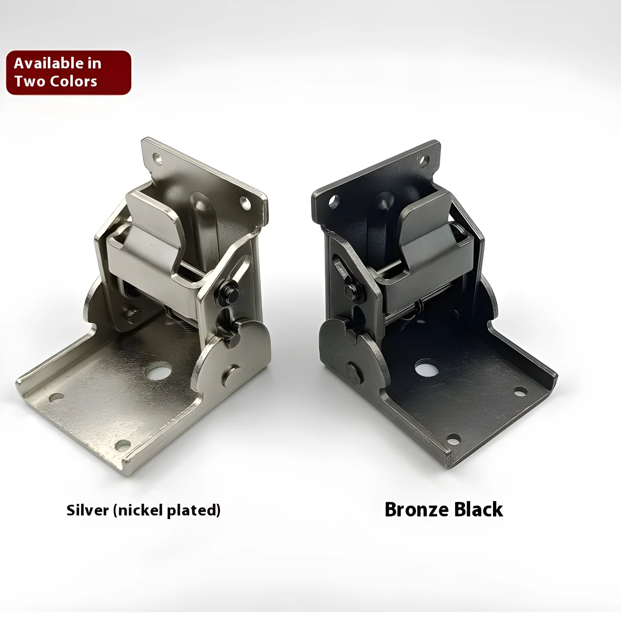 Furniture folding hinge with adjustable angle mechanism in various electroplated finishes including black bronze and nickel silver.