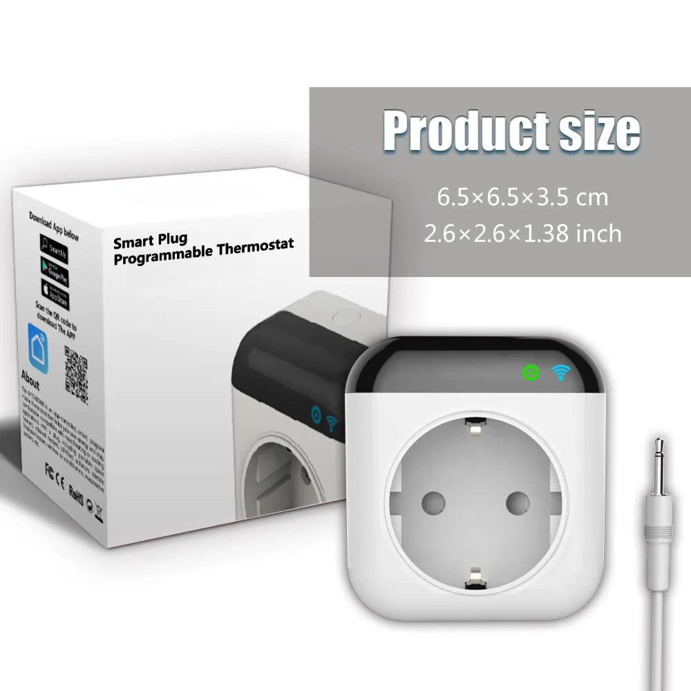 White Tuya WiFi smart temperature control socket with US 3-pin outlet and temperature sensor probe