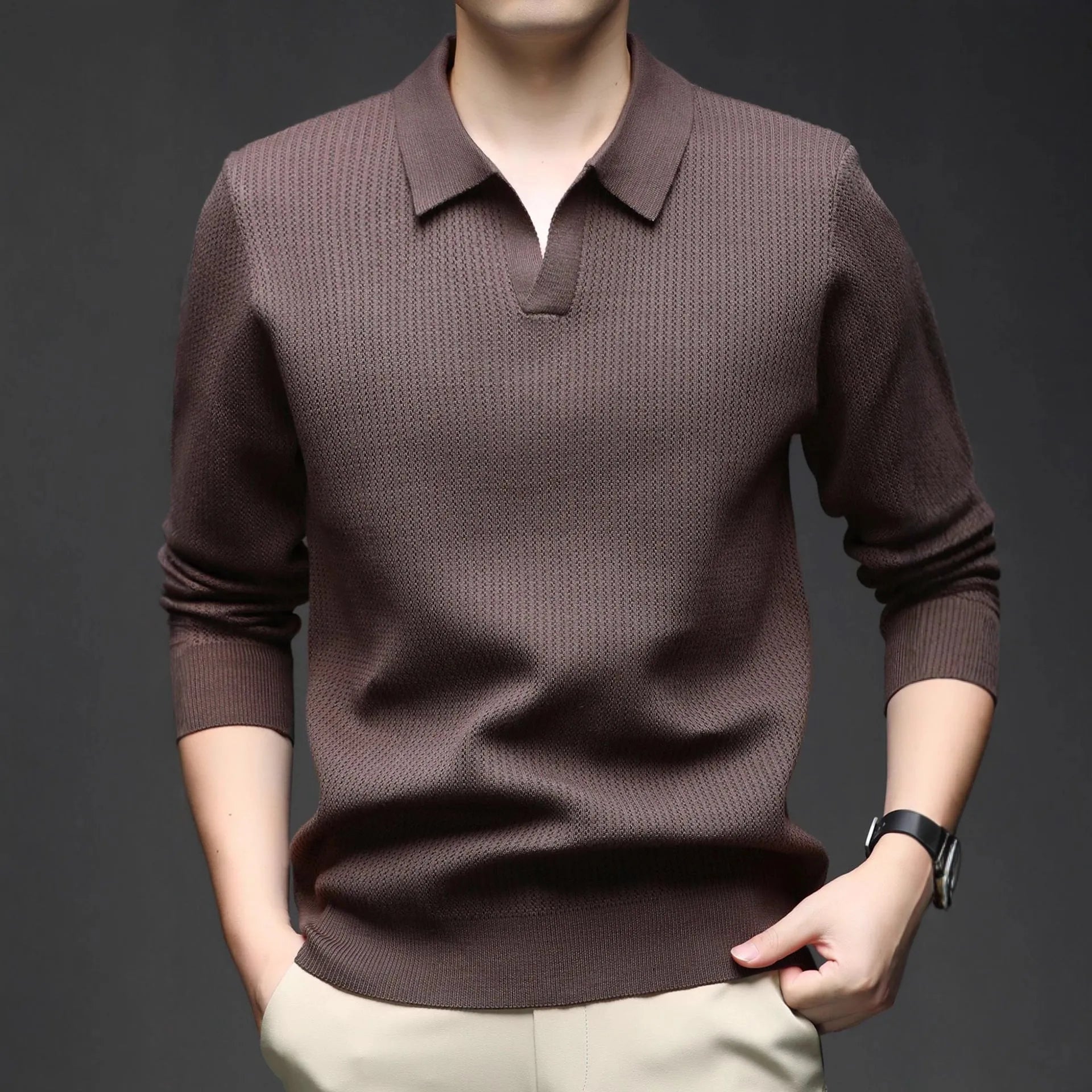 Men's loose fit casual pullover sweater in green, shown on a model.