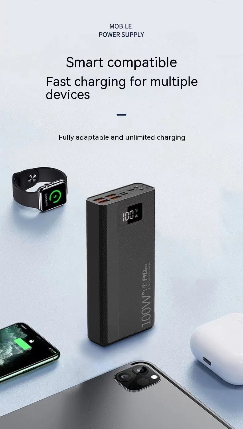 Black and white large capacity power bank with fast charging, showing size comparison