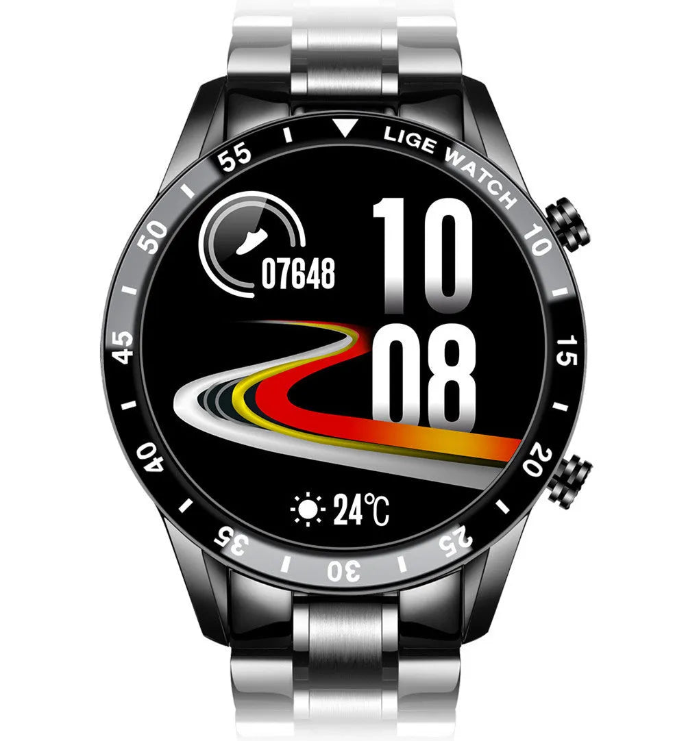 Smart watch with stainless steel band showing 1.3-inch touchscreen displaying step count