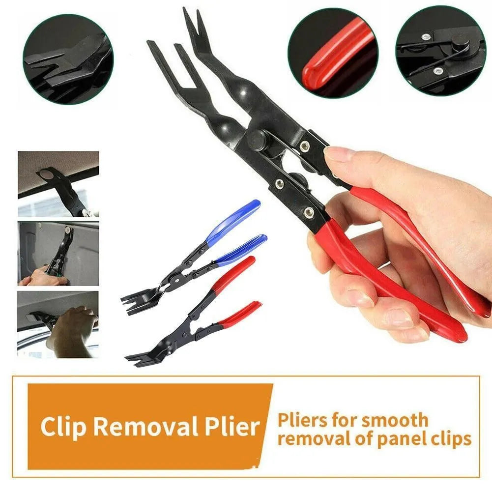 Steel car universal disassembly separator pliers with blue handles for removing interior clamps and door panels.