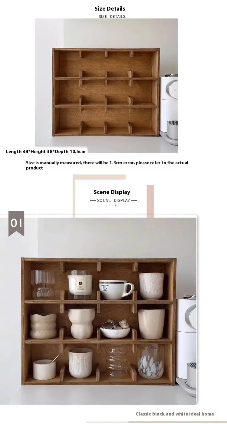 Solid wood square cup storage rack with multiple grid compartments in birch meridian colour