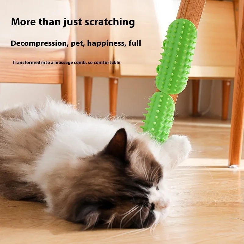 Silicone cat grooming comb and scratcher set with adjustable strap in black, green, pink, or yellow.