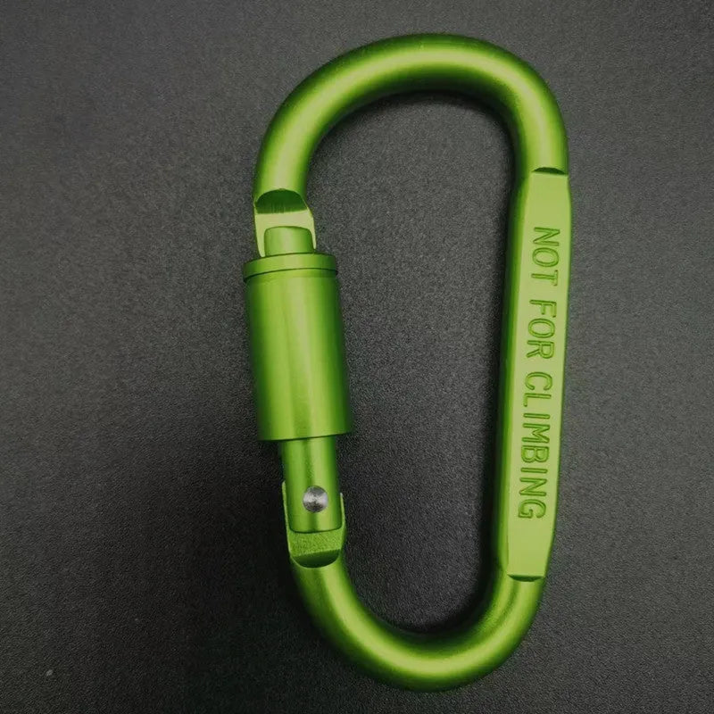 D-type aluminium locking climbing carabiner with screwgate, shown in a bright colour on a grey background.