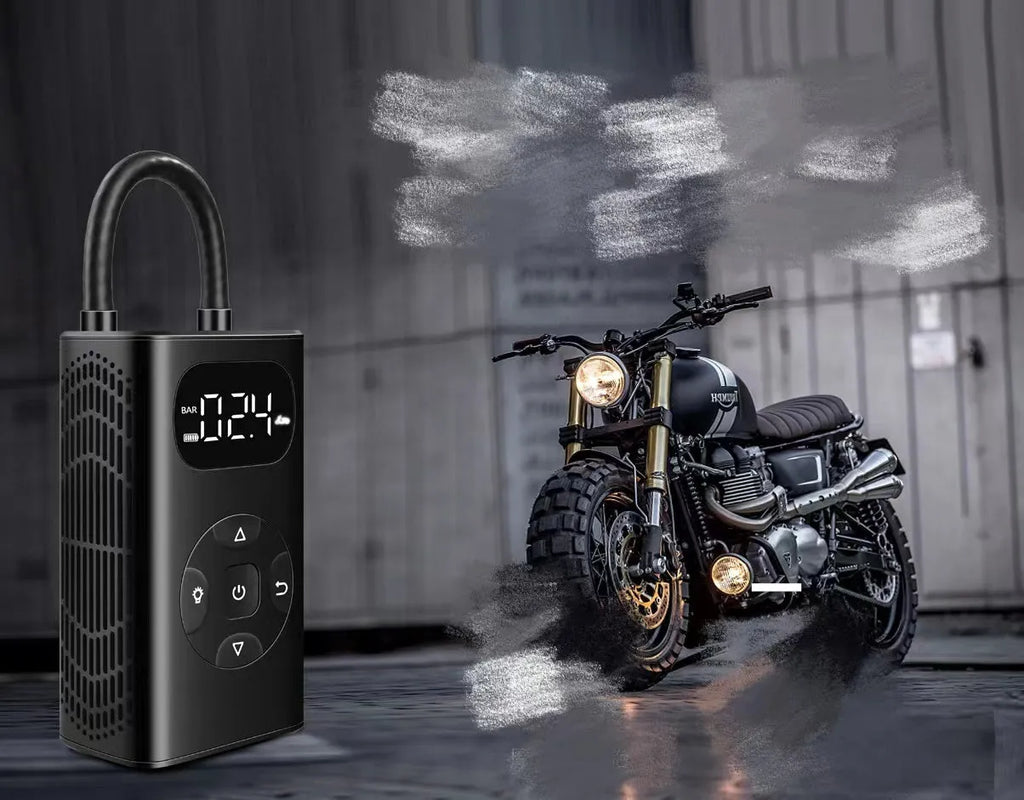Black portable power bank air compressor for car and motorcycle tyres with USB cable