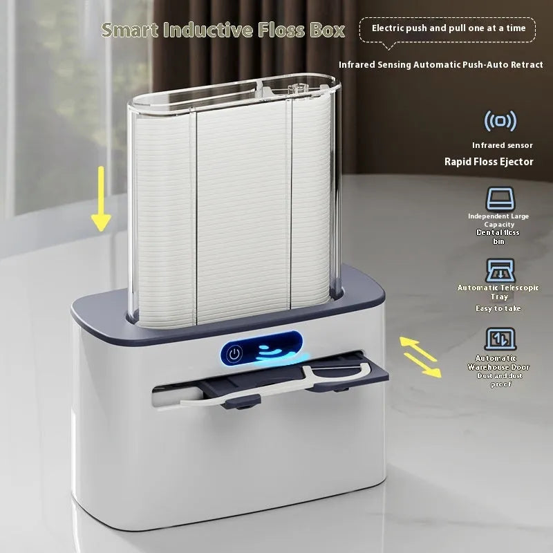 Automatic rechargeable dental floss box in dark grey, gold, and light grey colours with floss refill