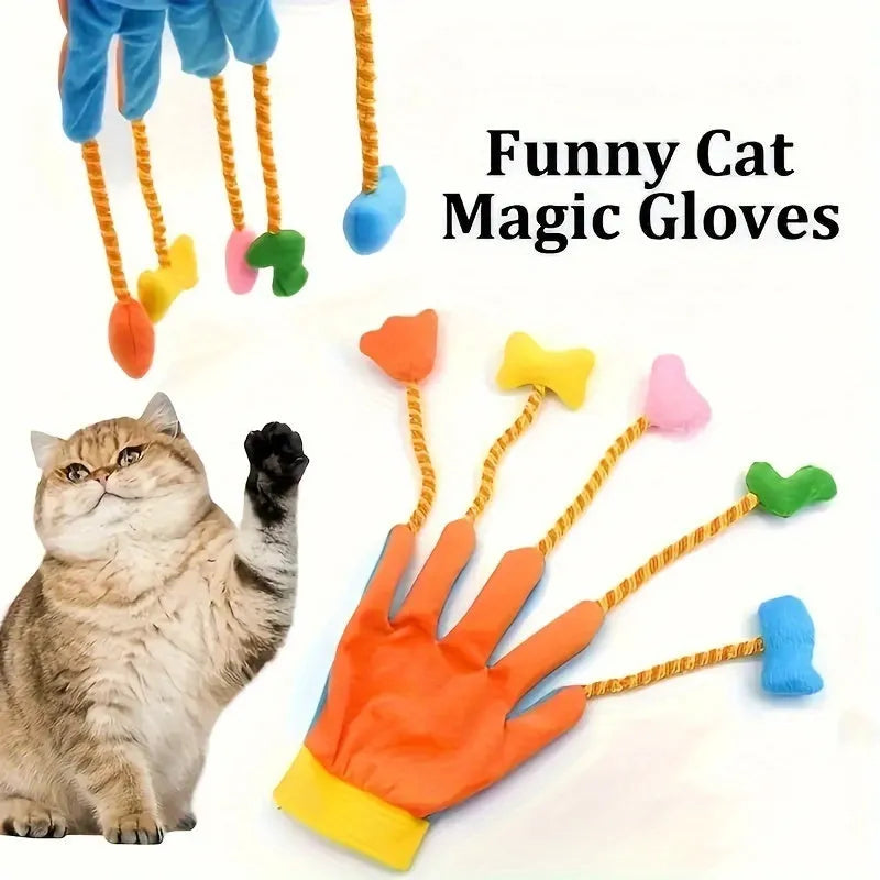 Yellow and blue plush cat toy glove with integrated bell trailer measuring 40cm long