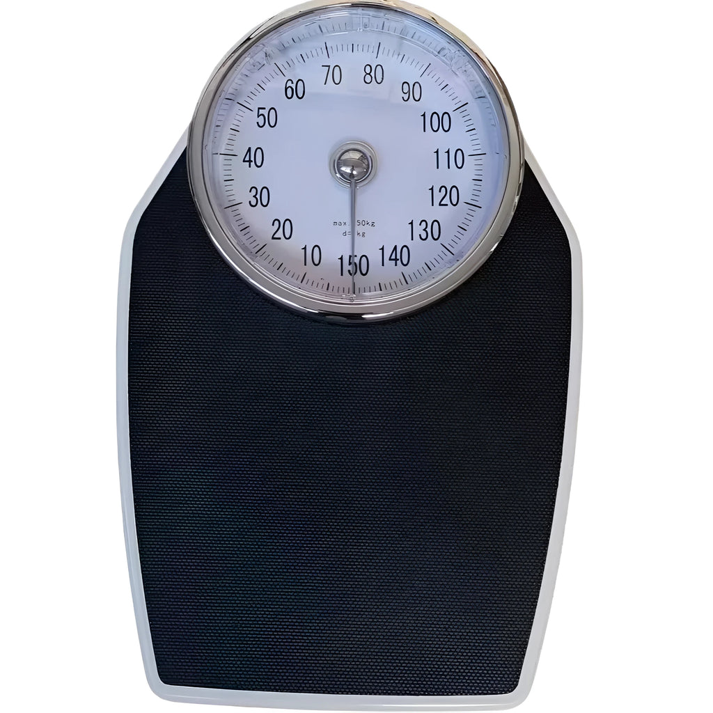 Black mechanical pointer body weight scale showing large dial on 47cm platform